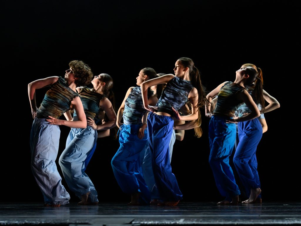 LYDC at Go Dance 2025, image credit Brian Davidson. A group of young dancers, all dressed in blue, strike a pose on stage.