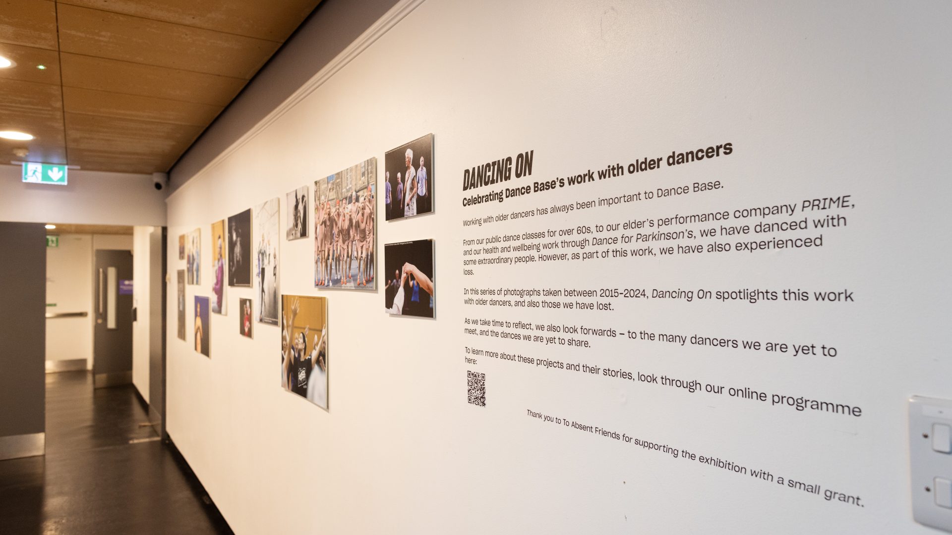 Dancing On Exhibition, Dance Base 2024-25. Image credit Stuart Armitt A side view of the exhibition hanging in Dance Base's upper foyer.