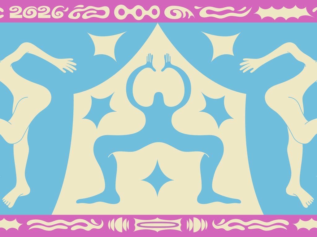 Dance Base Festival 2026 in partnership with Assembly Festival. Website banner designed by Thea Bryant. A blue and cream illustrations of dancers performing, surrounded by stars. The illustration is surrounded by a pink boarder filled with cream shapes and the year '2026'.
