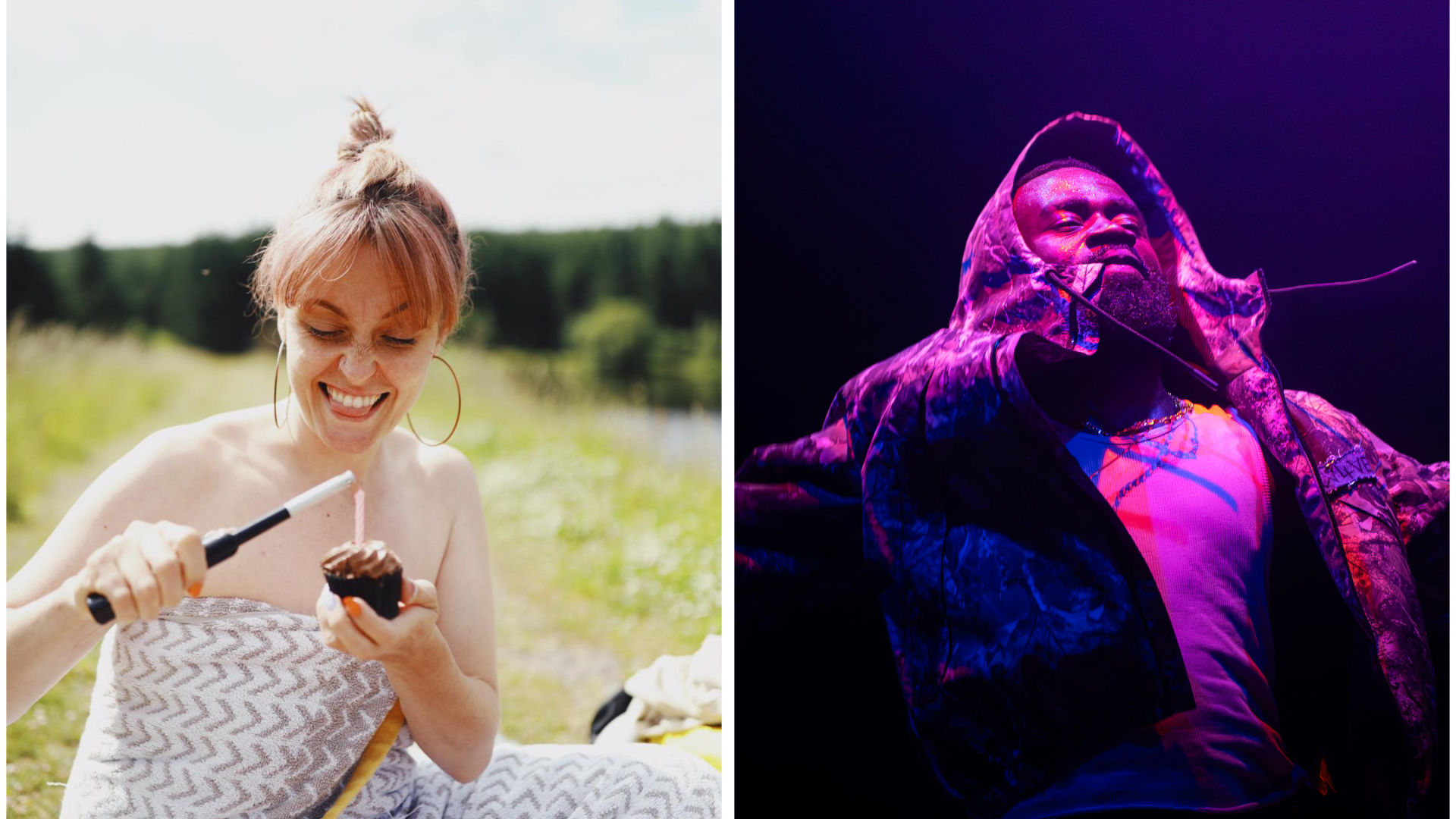 Headshots of two dancers in a lockup. The dancer on the left sits outside, smiling at a cupcake with a birthday candle, getting ready to light it. The dancer on the right is on stage, jumping into the air and bathed in a dark purple light.